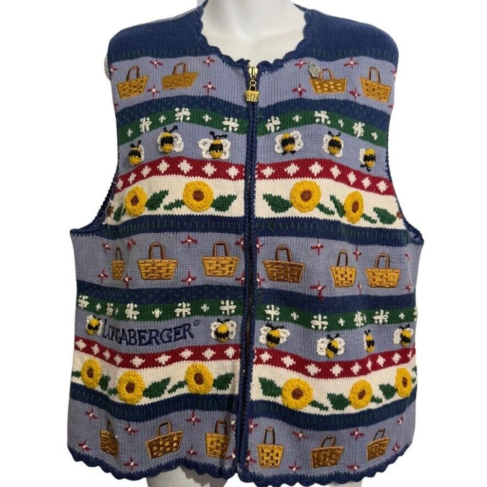 Belle Pointe Longaberger Embroidered Vintage Sweater Vest Full Zip Bees sz XL